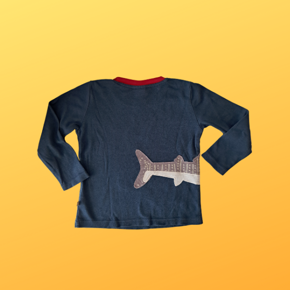 Frugi Shirt langarm blau mit Wal, Größe 104 - 110