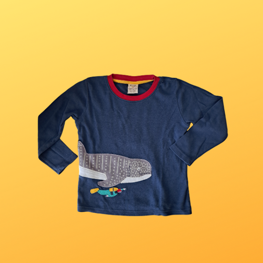 Frugi Shirt langarm blau mit Wal, Größe 104 - 110 (gebraucht)