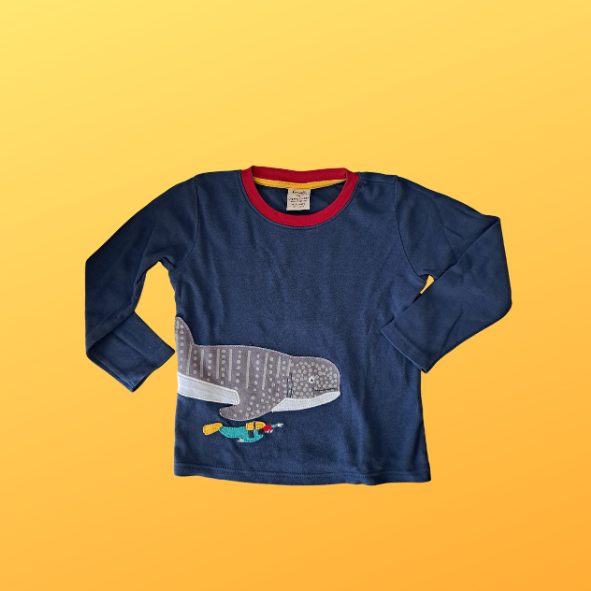 Frugi Shirt langarm blau mit Wal, Größe 104 - 110