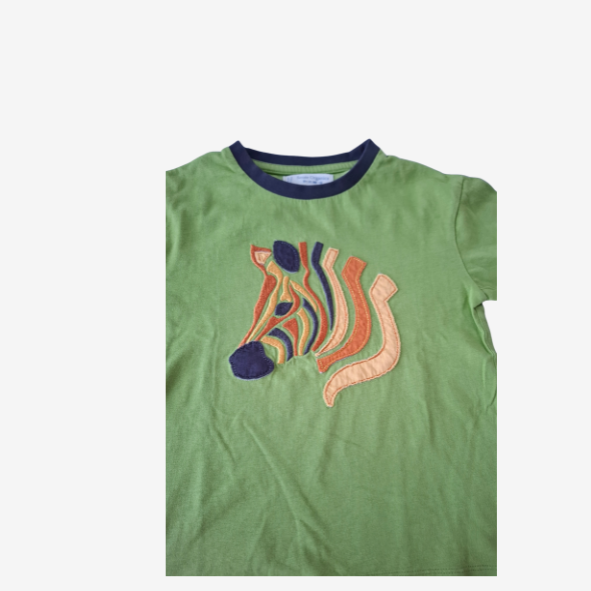 Sense Organics grünes T-Shirt mit bunten Zebrakopf-Stoffapplikation, Größe 110