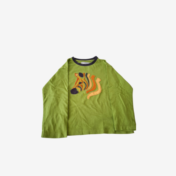 Sense Organics grünes T-Shirt mit bunten Zebrakopf-Stoffapplikation, Größe 110